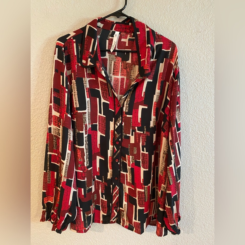 NY Collection Red/Black Button Down Blouse, size 2X